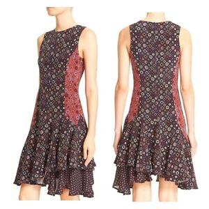 10 Crosby Derek Lam Silk Multi Print Floral Tiered Design Dress Feminine Dress